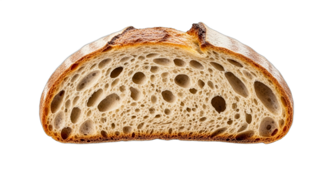 Artisanal sourdough bread loaf cut in half showing the crumb structure. PNG Transparent