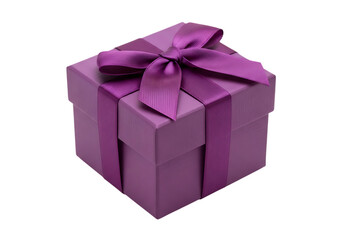 Obraz premium A closed purple gift box with a satin ribbon bow isolated on transparent background