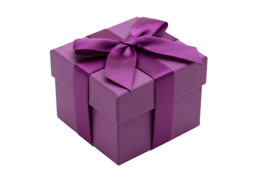 A closed purple gift box with a satin ribbon bow isolated on transparent background - Powered by Adobe