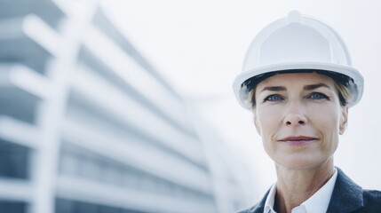 Professional female architect wearing white helmet on construction site