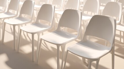 Fototapeta premium Row of white plastic chairs arranged in an indoor setting