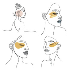 Four minimalist line art portraits of women with abstract color accents woman female