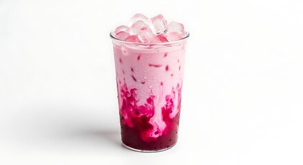 Iced Pink Milk Drink in Clear Plastic Cup.