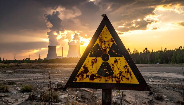 A weathered radiation symbol stands before a nuclear facility at sunset. The sky is dramatic, clouds framing the silhouette of the structures - Powered by Adobe