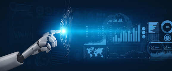 A robotic hand reaches towards a glowing point, interacting with dynamic data visualizations, showcasing the integration of technology and analytics in modern digital environments. Scalp