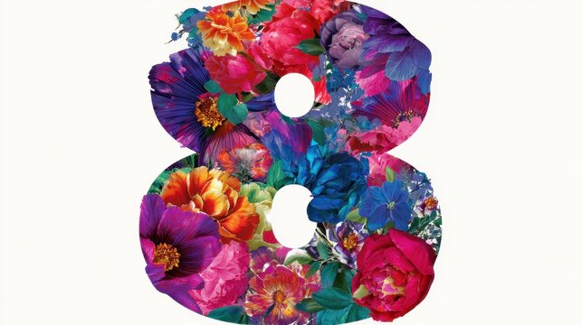 A striking design highlights the number eight filled with an array of colorful flowers. The bright blooms create an artistic and cheerful display perfect for celebrations.