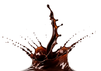 Dynamic dark brown liquid splashing upwards in a crown shape isolated on transparent background