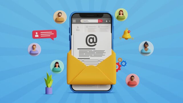 Email campaign, Direct Digital Marketing, Newsletter Subscription, Content Promotion, Online Sales Strategy. Reaching Online Audience with Email Marketing on a Smartphone. 4K 3D Animation