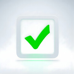 green check mark,
3D Green Check Mark Icon in White Box – Isolated on White Background
