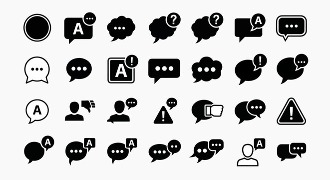 Set of speech bubble icons with letters A, question marks, exclamation points and ellipsis dots