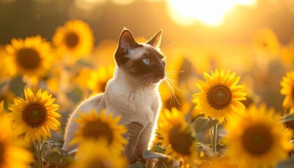 Siamese Cat in Sunflower Field