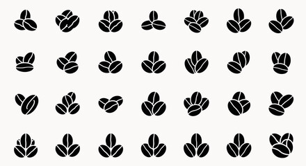 Collection of Black Coffee Bean Icons, Isolated on a White Background, Representing Freshness and Aroma