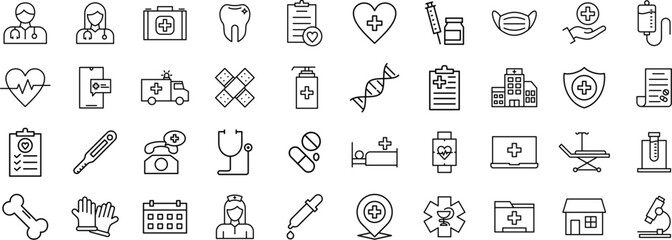 Medical and Healthcare Line Icon Set – Medicine, Hospital, Health, Clinic, and Pharmacy Icon in Outline Style