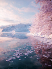 冠雪の山と桜とフロストフラワー