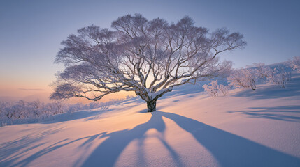 朝日に照らされる樹氷と影