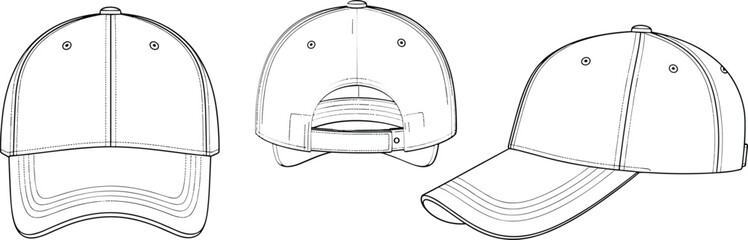 Illustration of baseball cap outline template isolated on front, back and side view of a blank cap vector technical sketch of a classic baseball cap © VectoInfinity 