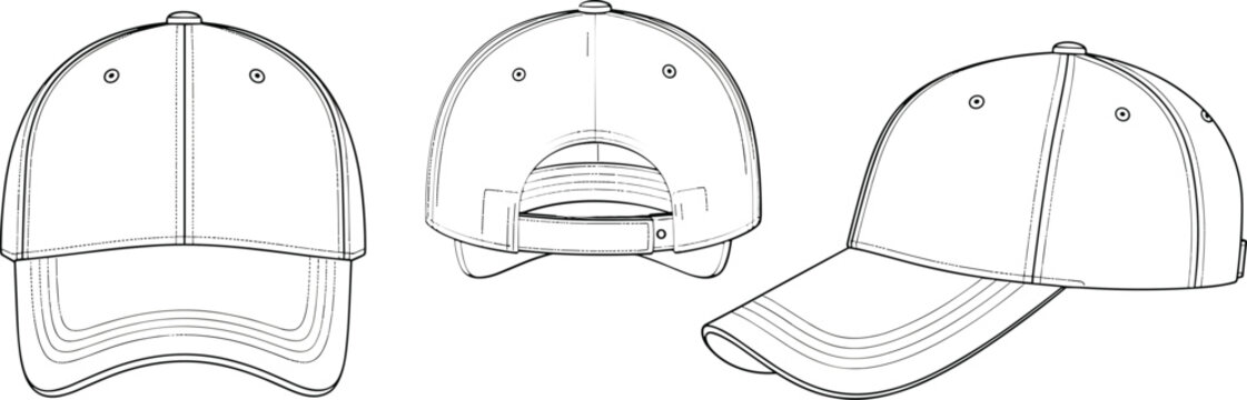 Illustration of baseball cap outline template isolated on front, back and side view of a blank cap vector technical sketch of a classic baseball cap