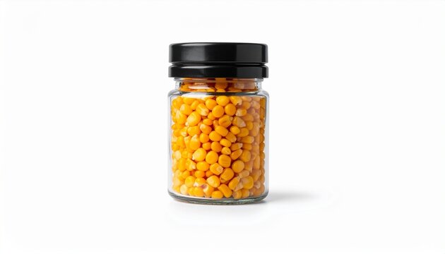 Glass jar with yellow-orange pellets and black lid on white background