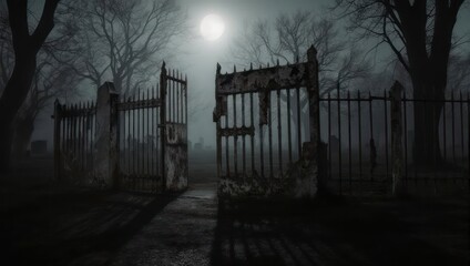 Spooky Cemetery Gate at Night with Full Moon and Fog.