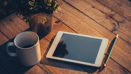 A tablet computer and a cup of coffee sit on a wooden desk, ready for work or leisure