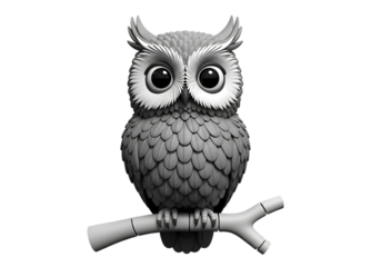 Detailed grayscale illustration of a cute wide eyed owl perched on a branch isolated on transparent background