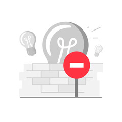 illustration of light bulb blocked by wall. creative block, idea obstruction, mental barrier, lack of inspiration. concepts of productivity issues, problem solving, burnout, brainstorming challenges