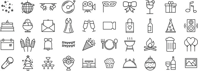 Party and Event Line Icon set – Celebration, Birthday, Confetti, Decoration, and Celebrate Line Icon Pack