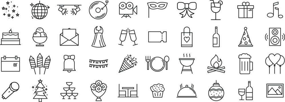 Party and Event Line Icon set – Celebration, Birthday, Confetti, Decoration, and Celebrate Line Icon Pack