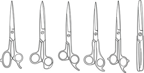 Illustration of a detailed sketch of various hairdressing scissors, isolated on, showcasing different styles and designs for professional use in salons