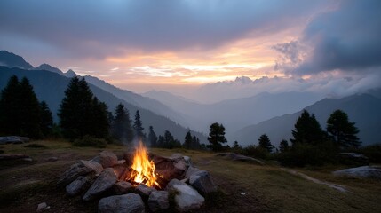 A campfire burns in a stone pit on a grassy clearing overlooking layered mountain valleys at dawn