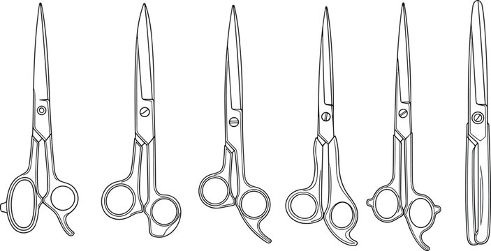 Illustration of a detailed sketch of various hairdressing scissors, isolated on, showcasing different styles and designs for professional use in salons - Powered by Adobe