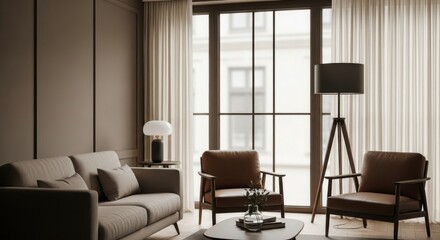 Fototapeta premium 3d render modern brown interior with dining table