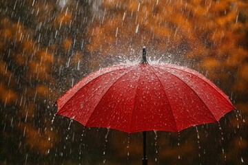 red umbrella in autumn rain