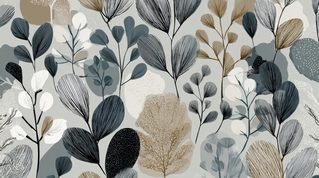 This design features a rich array of stylized leaves and branches in diverse shapes and colors creating a harmonious botanical pattern that adds elegance to any space.