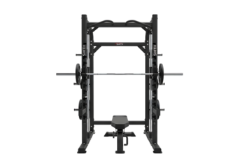 Heavy duty gym smith machine with integrated barbell and adjustable bench isolated on transparent background