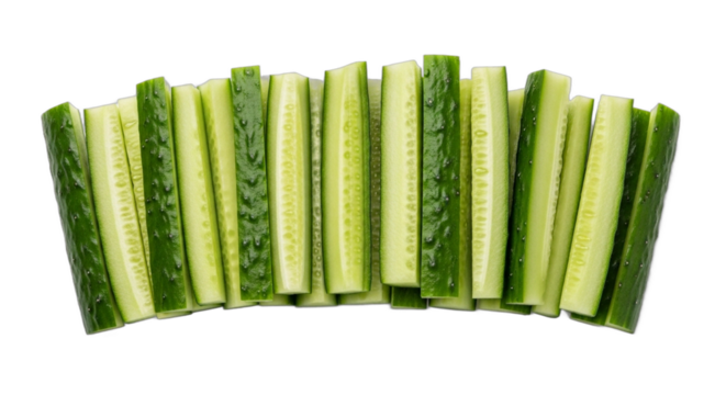 Fresh green cucumber sticks arranged in a neat row on a white background. PNG Transparent