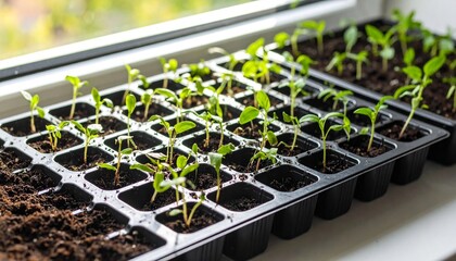 Seed tray with young green seedlings on wooden surface near window