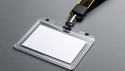Blank ID badge holder with black lanyard on white background