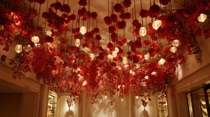 A room with red flowers hanging from the ceiling. The flowers are lit up, creating a warm and inviting atmosphere