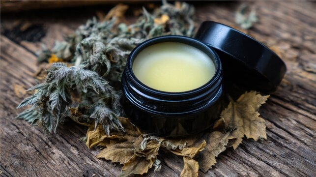 A small black container of herbal balm sits open on a textured wooden surface. Surrounding it are dried herbs and leaves adding a natural feel to the scene. Soft light enhances the details.