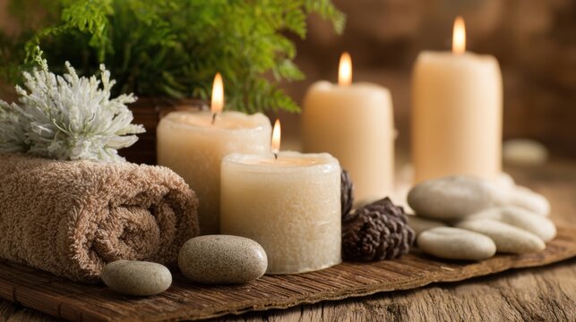 A serene spa arrangement features lit candles smooth stones and soft towels alongside fresh greenery promoting relaxation and tranquility during self care sessions.