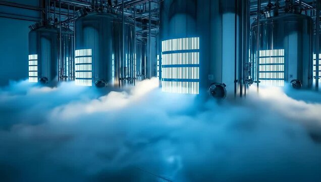 Industrial cryogenic storage tanks with billowing vapor in a manufacturing facility