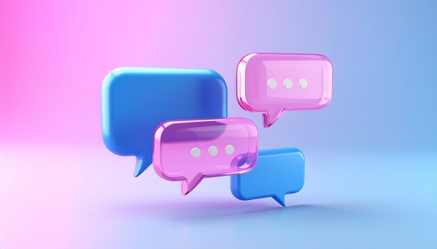 3D speech bubbles with typing dots on pink-blue gradient background