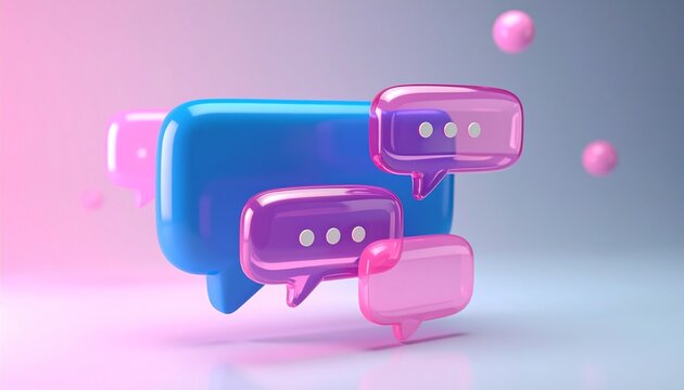 3D speech bubbles with typing dots on pink-blue gradient background