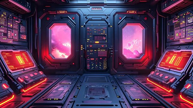 Pixel Art Style Futuristic Spaceship Interior View with Glowing Red and Pink Light on Control Panels and Windows Showcasing Galaxy Background- Footage