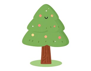 A cartoon-style fir tree with a smiling face and three tiers of green branches with small colored circles. The trunk is brown, set on grass