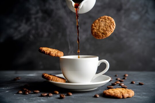 Floating cookies and hot coffee cup with steaming brew pouring midair in creative breakfast concept showing magical food photography style - Powered by Adobe