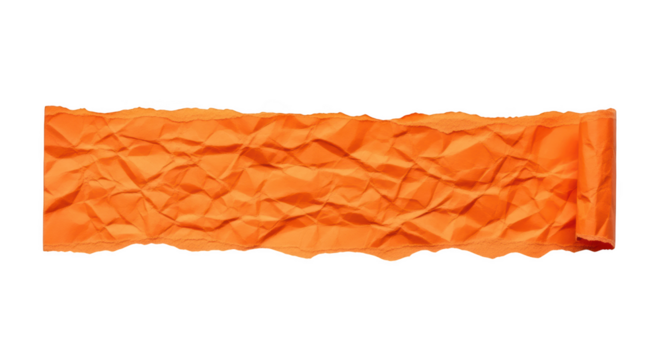 Crumpled orange paper strip with torn edges and rolled end isolated on a transparent background ripped