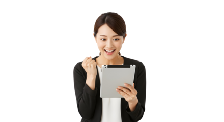 Excited young asian businesswoman celebrates success with tablet computer screen an expression of triumph joy and achievement while viewing digital content on her device a positive reaction to good