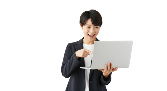 Excited asian businesswoman pointing at laptop screen showing digital content with a surprised joyful expression a modern professional success concept